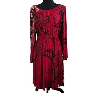 Boston Proper Red and Black Patterned Dress with Removable Belt. Size 4